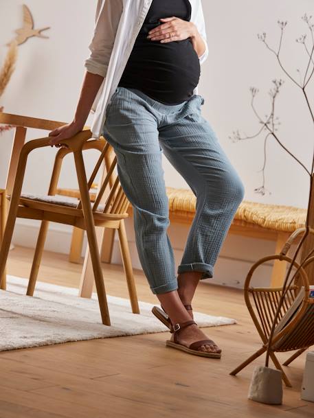 Maternity Trousers in Cotton Gauze GREEN MEDIUM SOLID - vertbaudet enfant 