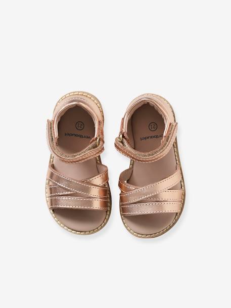 Leather Sandals with Touch-Fastener, for Baby Girls PINK MEDIUM METALLIZED+white - vertbaudet enfant 