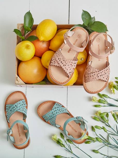 Vegetable Tanned Leather Sandals for Girls GREEN LIGHT SOLID WITH DESIGN - vertbaudet enfant 