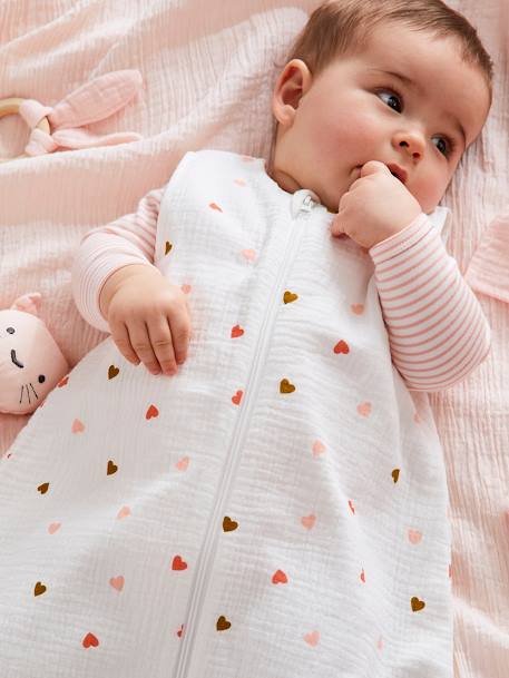 Summer Special Baby Sleep Bag in Cotton Gauze, with opening in the middle, Small Hearts WHITE LIGHT ALL OVER PRINTED - vertbaudet enfant 