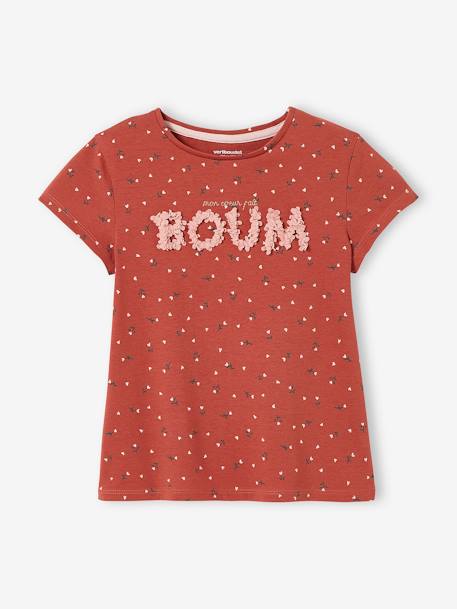 T-Shirt with Floral Motif in Shaggy Rags for Girls ecru+PINK DARK ALL OVER PRINTED+PINK LIGHT ALL OVER PRINTED - vertbaudet enfant 