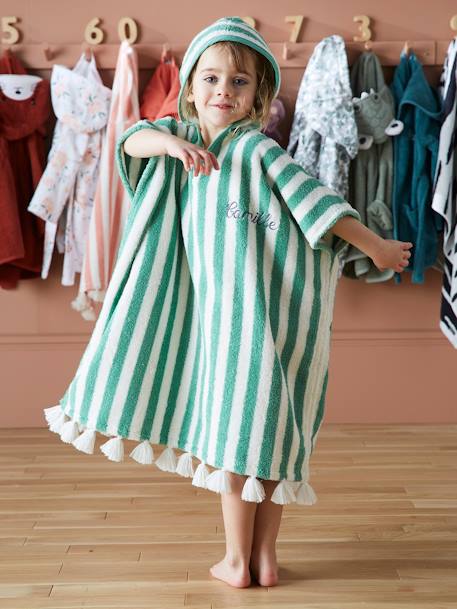 Bath Poncho for Children - green medium striped