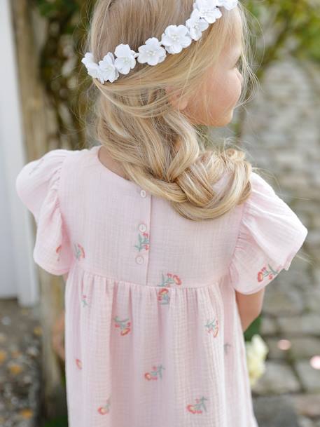 Robe brodée fleurs en gaze de coton fille rose - vertbaudet enfant 