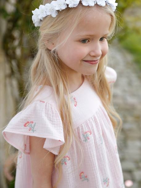 Embroidered Dress in Cotton Gauze for Girls PINK LIGHT ALL OVER PRINTED - vertbaudet enfant 