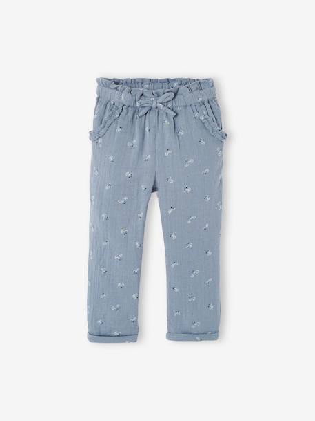 Cropped Cotton Gauze Trousers with Floral Print, for Girls BLUE MEDIUM ALL OVER PRINTED+blush+ecru - vertbaudet enfant 