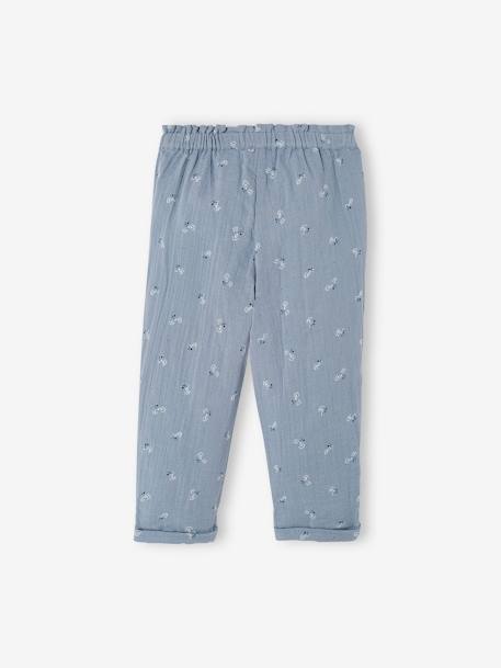 Cropped Cotton Gauze Trousers with Floral Print, for Girls BLUE MEDIUM ALL OVER PRINTED+blush+ecru+printed white - vertbaudet enfant 