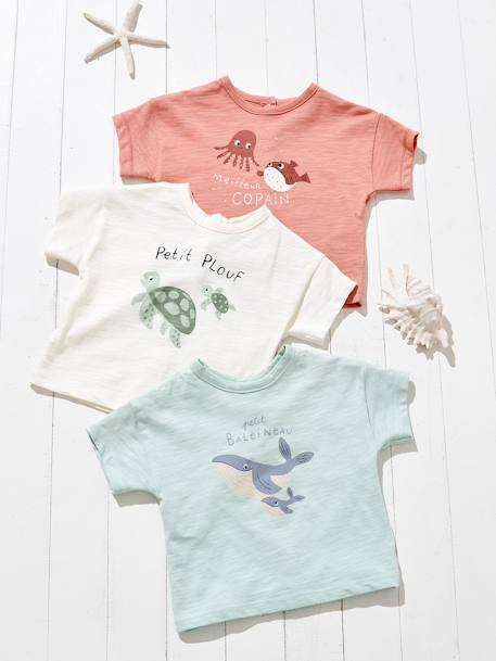 'Sea Animals' T-Shirt for Babies aqua green+BEIGE LIGHT SOLID WITH DESIGN+pale yellow - vertbaudet enfant 