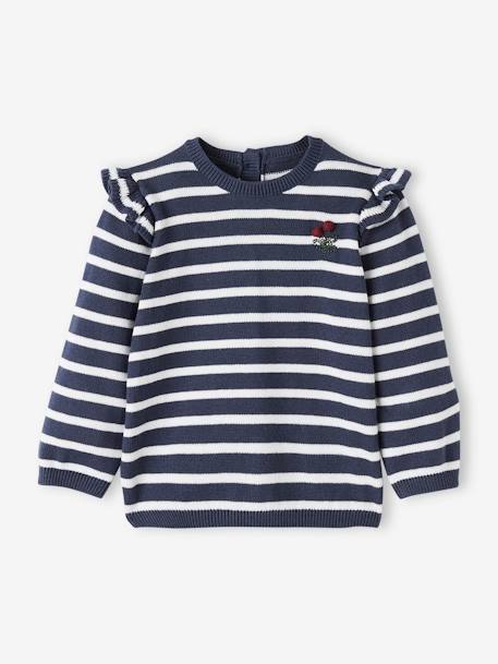 Top with Ruffles, Cherries with Pompoms, for Babies BLUE DARK STRIPED+rose - vertbaudet enfant 