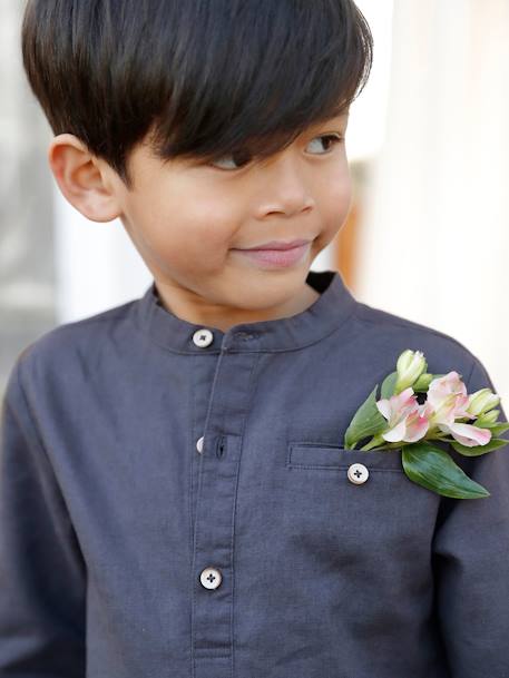 Shirt in Linen/Cotton, Mandarin Collar, Long Sleeves, for Boys BLUE BRIGHT SOLID+Green+White - vertbaudet enfant 
