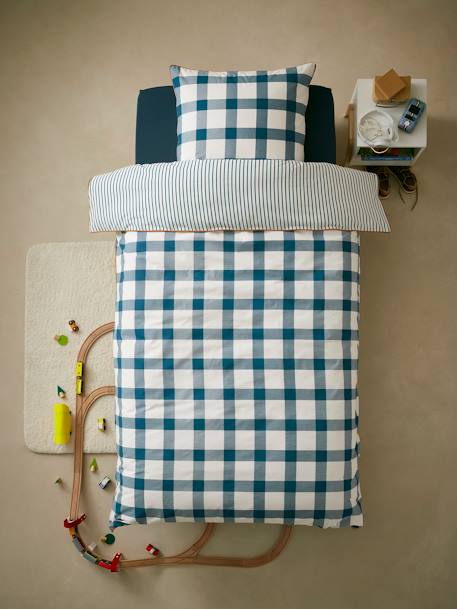 Children's Duvet Cover + Pillowcase Set, Checks BLUE DARK ALL OVER PRINTED - vertbaudet enfant 