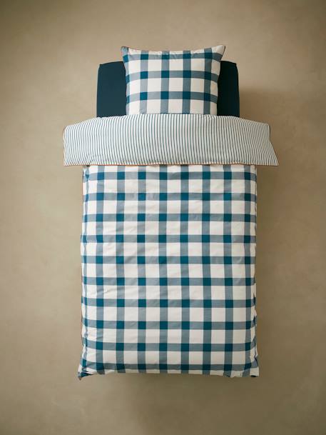 Children's Duvet Cover + Pillowcase Set, Checks BLUE DARK ALL OVER PRINTED - vertbaudet enfant 