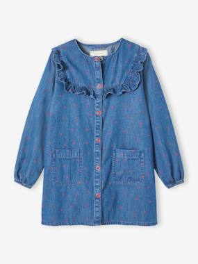Girls-Aprons-Smock with Ruffle & Hearts, in Chambray, for Girls