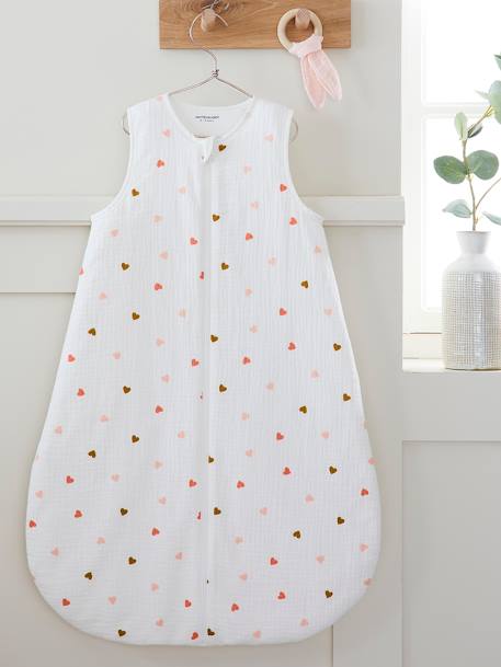 Summer Special Baby Sleep Bag in Cotton Gauze, Small Hearts WHITE LIGHT ALL OVER PRINTED - vertbaudet enfant 