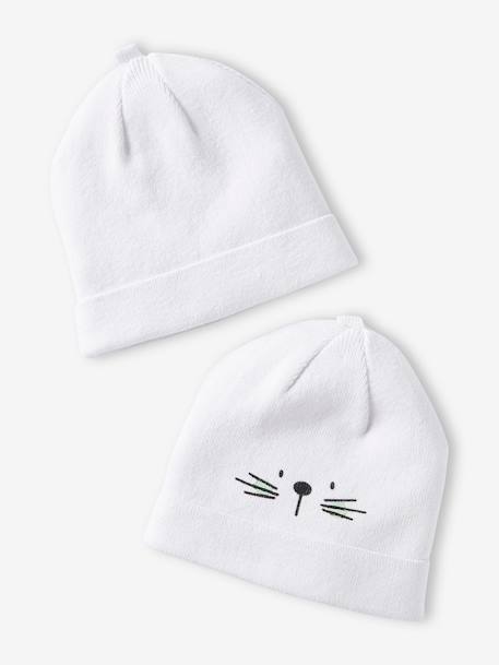Pack of 2 Beanies in Organic Cotton for Babies WHITE LIGHT SOLID WITH DESIGN - vertbaudet enfant 