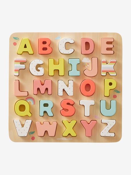 Wooden Alphabet Puzzle Board - FSC® Certified Wood Multi+PINK LIGHT SOLID WITH DESIGN - vertbaudet enfant 