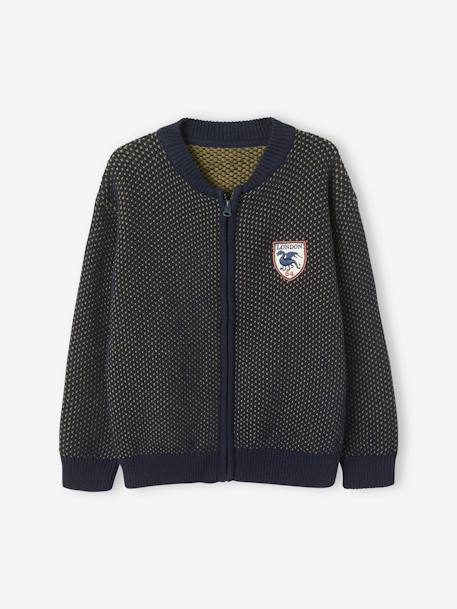 Fancy Knit Cardigan for Boys GREEN DARK SOLID WITH DESIGN - vertbaudet enfant 