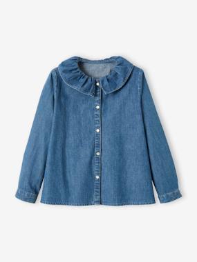 Girls-Blouses, Shirts & Tunics-Blouse in Lightweight Denim with Wide Collar, for Girls