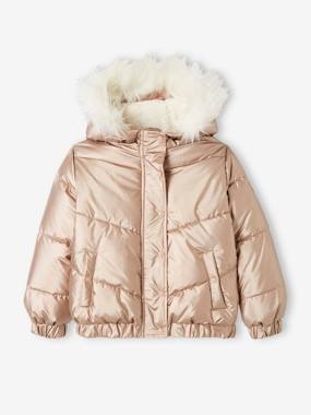 Girls-Coats & Jackets-Padded Jackets-Metallised Jacket with Hood, Sherpa Lining, for Girls
