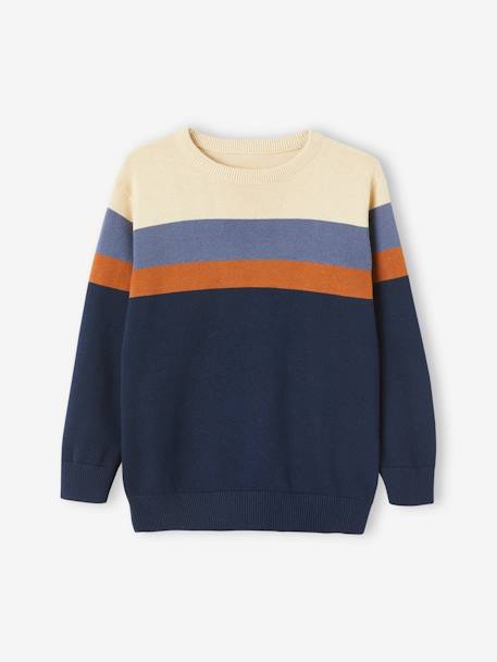 Striped Colourblock Jumper in Fine Knit for Boys BEIGE LIGHT SOLID WITH DESIGN - vertbaudet enfant 