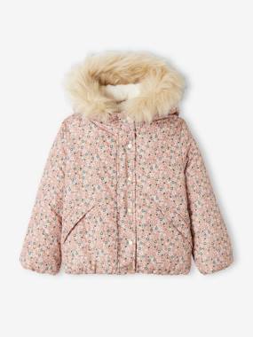 Short Padded Jacket with Hood & Flower Print for Girls  - vertbaudet enfant