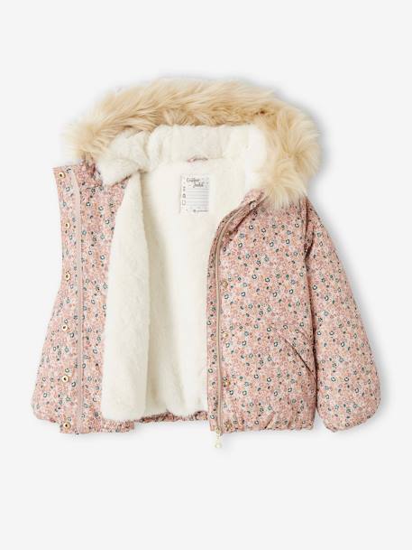 Short Padded Jacket with Hood & Flower Print for Girls PURPLE MEDIUM ALL OVER PRINTED - vertbaudet enfant 