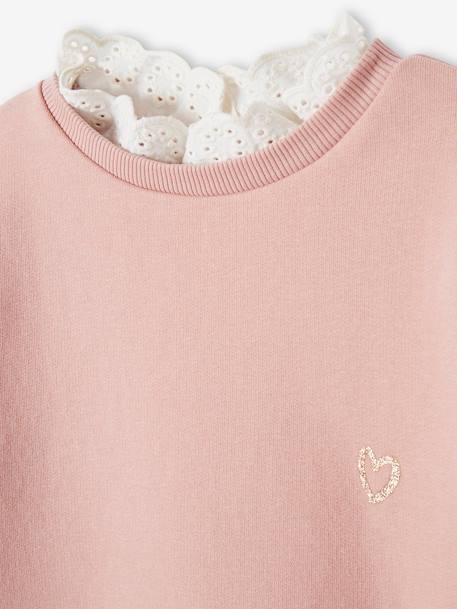 Sweatshirt with Broderie Anglaise Collar, for Girls PINK LIGHT SOLID+PURPLE DARK SOLID WITH DESIGN - vertbaudet enfant 