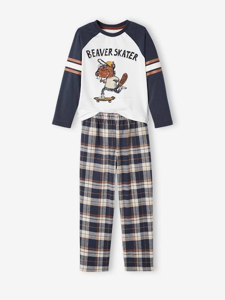 Beaver Pyjamas with Flannel Bottoms for Boys BLUE DARK SOLID WITH DESIGN - vertbaudet enfant 
