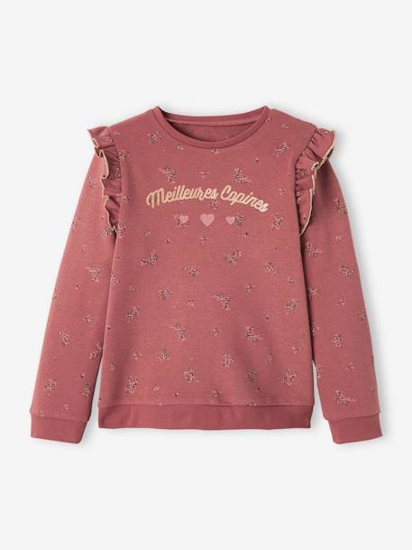 Sweatshirt with Ruffles & Message for Girls BEIGE MEDIUM MIXED COLOR+BROWN DARK SOLID WITH DESIGN+Dark Blue/Print - vertbaudet enfant 