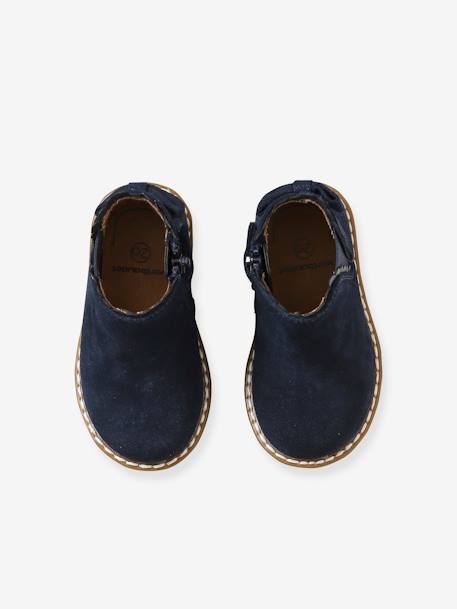 Leather Boots with Elastic, for Baby Girls BLUE DARK SOLID WITH DESIGN+Camel - vertbaudet enfant 