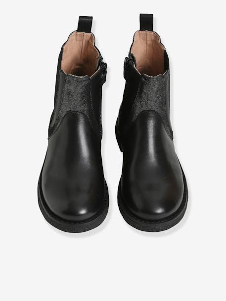 Dual Material Leather Boots for Girls BLACK DARK SOLID WITH DESIGN - vertbaudet enfant 