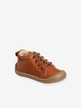 Soft Leather Ankle Boots with Laces & Faux Fur for Baby, Designed for Crawling Babies  - vertbaudet enfant