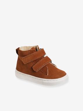Shoes-Baby Footwear-Baby Boy Walking-Trainers-High-Top Unisex Furry Trainers in Leather for Babies