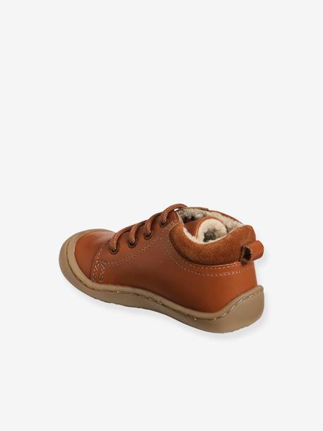 Soft Leather Ankle Boots with Laces & Faux Fur for Baby, Designed for Crawling Babies BROWN MEDIUM SOLID - vertbaudet enfant 
