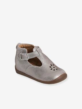Shoes-Baby Footwear-Baby's First Steps-T-Strap Shoes in Glittery Leather for Baby Girls, Designed for First Steps