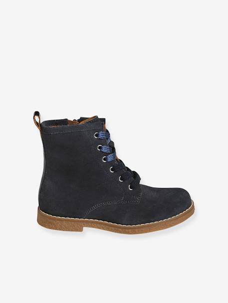 Leather Boots with Laces + Zip, for Girls BLUE DARK SOLID+Brown+Green - vertbaudet enfant 