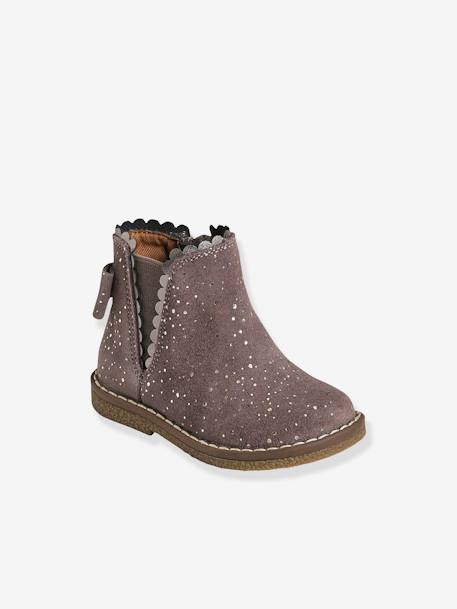 Leather Boots with Elastic, for Baby Girls BEIGE DARK METALLIZED+BLUE DARK SOLID WITH DESIGN+Camel - vertbaudet enfant 
