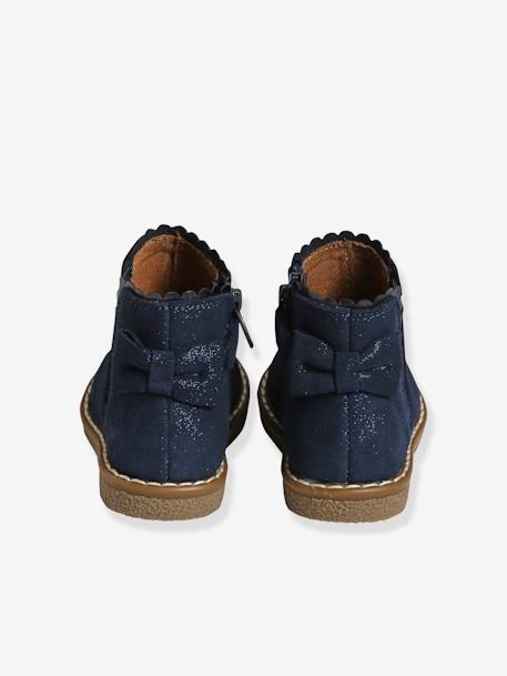 Leather Boots with Elastic, for Baby Girls BLUE DARK SOLID WITH DESIGN+Camel - vertbaudet enfant 