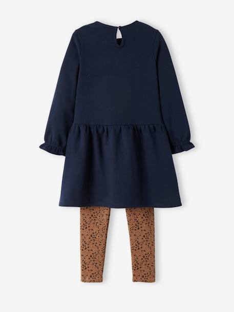 Fleece Dress & Leggings Combo, for Girls BLUE DARK SOLID WITH DESIGN+dusky pink - vertbaudet enfant 