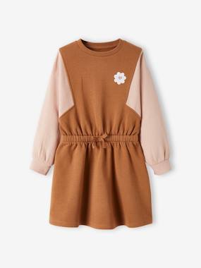 -Two-Tone Fleece Dress with Glittery Flower Badge for Girls