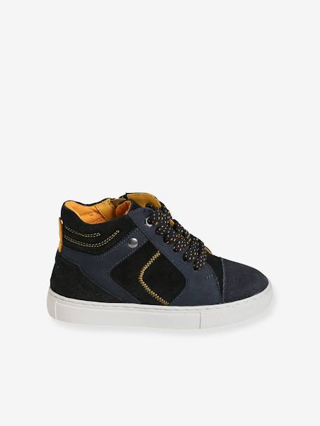 High-Top Leather Trainers with Laces & Zip, for Boys BLUE DARK SOLID - vertbaudet enfant 