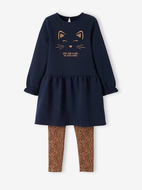 Fleece Dress & Leggings Combo, for Girls BLUE DARK SOLID WITH DESIGN+dusky pink - vertbaudet enfant 