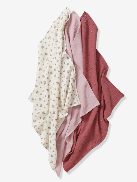Pack of 3 Cotton Muslin Squares, Barn PINK MEDIUM ALL OVER PRINTED - vertbaudet enfant 