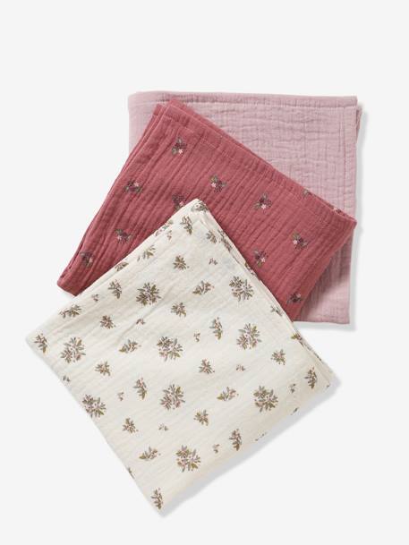 Pack of 3 Cotton Muslin Squares, Barn PINK MEDIUM ALL OVER PRINTED - vertbaudet enfant 