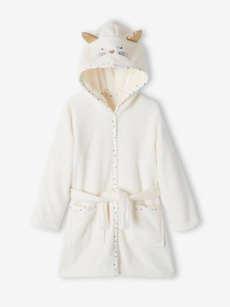 Cat Dressing Gown in Plush Fabric for Girls WHITE LIGHT SOLID WITH DESIGN - vertbaudet enfant 
