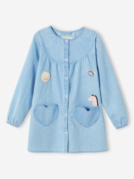 Chambray Smock with Glittery Details, for Girls BLUE MEDIUM WASCHED - vertbaudet enfant 