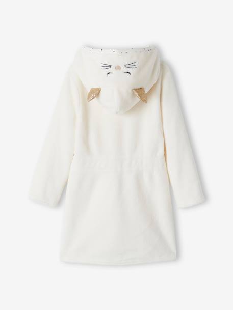 Cat Dressing Gown in Plush Fabric for Girls WHITE LIGHT SOLID WITH DESIGN - vertbaudet enfant 