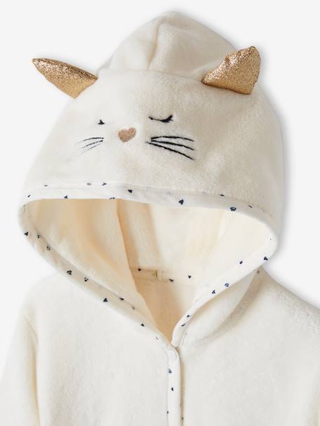 Cat Dressing Gown in Plush Fabric for Girls WHITE LIGHT SOLID WITH DESIGN - vertbaudet enfant 