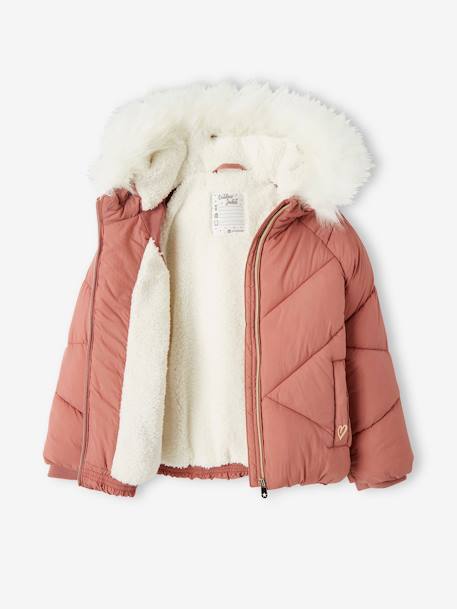 Short Padded Jacket with Sherpa-Lined Hood for Girls PINK DARK SOLID WITH DESIGN - vertbaudet enfant 