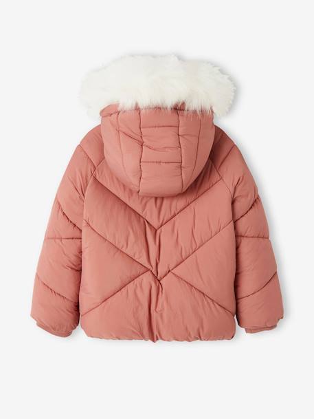 Short Padded Jacket with Sherpa-Lined Hood for Girls PINK DARK SOLID WITH DESIGN - vertbaudet enfant 