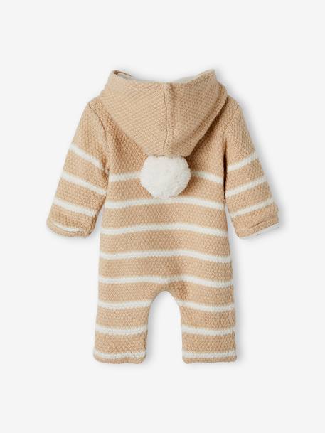 Knitted Jumpsuit for Newborn Babies, Lined BEIGE MEDIUM STRIPED+White Stripes - vertbaudet enfant 